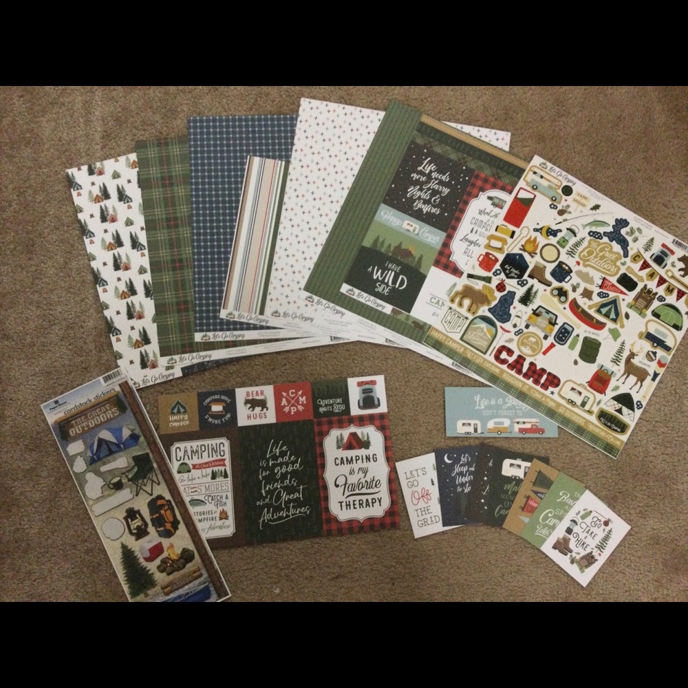 6 Double sided camping scrapbook paper & stickers.